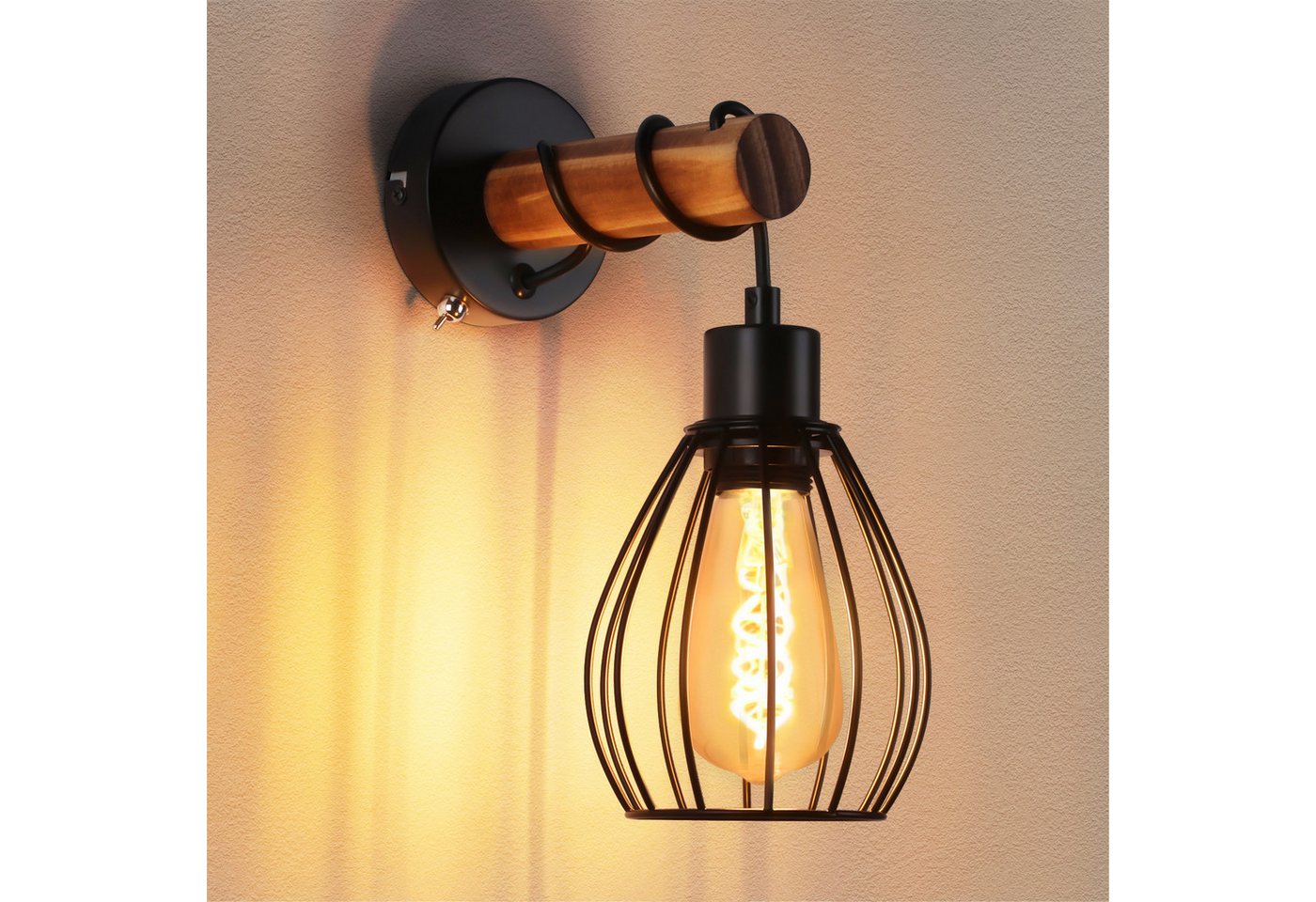 ZMH Wandleuchte Retro Wandleuchte Holz Innen Wandlampe Vintage mit Schalter E27, LED wechselbar, Schwarz Metall Wandspot Rustikal für Schlafzimmer von ZMH