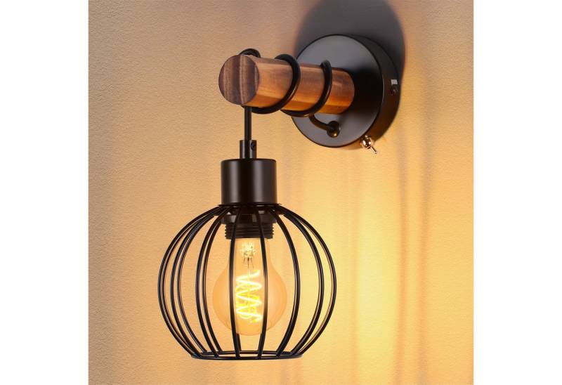 ZMH Wandleuchte Retro Wandleuchte Holz Innen Wandlampe Vintage mit Schalter E27, LED wechselbar, Schwarz Metall Wandspot Rustikal für Schlafzimmer von ZMH