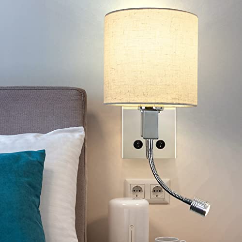 ZMH Led Wandlampe mit Schalter Wandleuchte innen - Leselampe Schlafzimmer Stoffschirm Schwenkbar Bettleuchte Leseleuchte Mit Flexleuchte Stoff Bettlampe Nachttischlampe für Bett Wohnzimmer Flur Hotel von ZMH