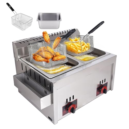 Kommerzielle Gas Fritteuse Edelstahl Fritteuse - Doppeltank 20l Mit 2 KöRben & Deckel | Profi Gastro Friteuse FüR Restaurant & Imbiss | Schnelle Aufheizung & Einfache Reinigung 24.6 * 18.5 * 15.8in von ZMHPLKH