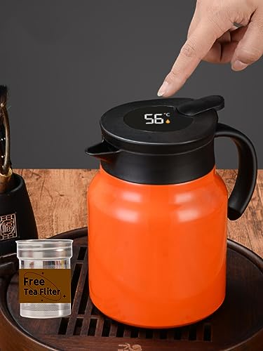 Thermo-Kaffeekaraffe mit Tee-Ei, doppelwandig, mit LED-Display, Edelstahl, Teekaraffee, Teekanne, 12 Stunden Wärme und 24 Stunden Kältespeicherung, Orange von ZMHQLPDZ