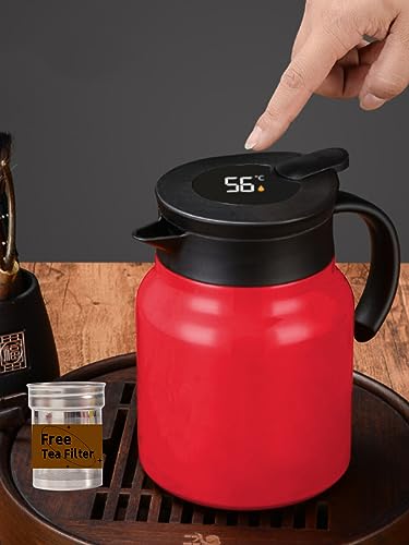 Thermo-Kaffeekaraffe mit Tee-Ei, doppelwandig, mit LED-Display, Edelstahl, Teekaraffee, Teekanne, 12 Stunden Wärme und 24 Stunden Kältespeicherung, Rot von ZMHQLPDZ