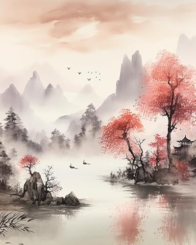 Malen nach Zahlen Tusche-Landschaftsmalerei im chinesischen Stil Painting by Numbers Kit DIY ölgemälde Kit für Erwachsene,Anfänger Painting Set 16x20 Zoll Leinwanddruck Wandkunst Dekoration von ZMHZMY