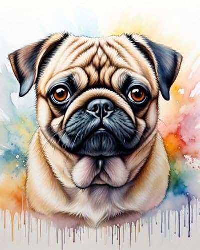 Malen nach Zahlen für Erwachsene,Anfänger-Sets mit Pinseln und Acrylpigmenten,DIY-Leinwandgemälde,Aquarell-Mops-Hund,40x50cm,handgemaltes Spielzeug,Geschenke von ZMHZMY