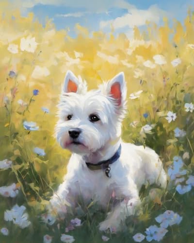 West High White Terrier Hund auf der Blumenwiese,Malen nach Zahlen auf Leinwand,Malsets inklusive Pinsel und Pigmente,40x50cm,ohne Rahmen von ZMHZMY