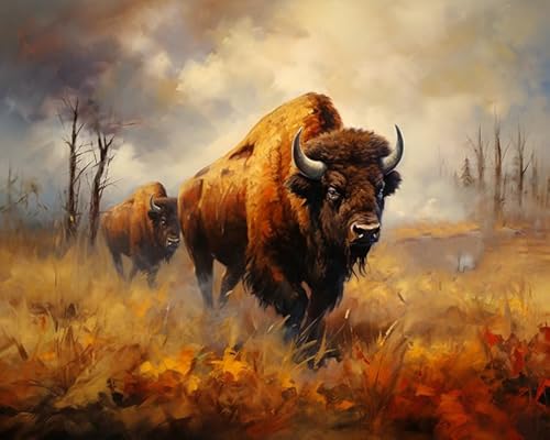 ZMHZMY Malen-nach-Zahlen-Set für Erwachsene,Weihnachten,Bison in der Herbstprärie,Personalisiertes digitales Ölgemälde,Geschenke für die Weihnachtsfeiertage,40x50cm von ZMHZMY