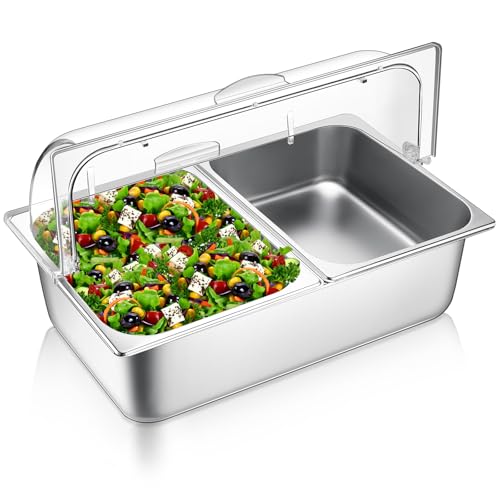 ZMJGLL Arbeitsplatte für die Lebensmittelausgabe und durchsichtige Rollabdeckung Edelstahl Lebensmittel-Serviertablett Buffet Gewürzspender Display Rack (2 Pan) von ZMJGLL