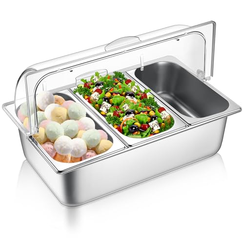 ZMJGLL Arbeitsplatte für die Lebensmittelausgabe und durchsichtige Rollabdeckung Edelstahl Lebensmittel-Serviertablett Buffet Gewürzspender Display Rack (3 Pan) von ZMJGLL