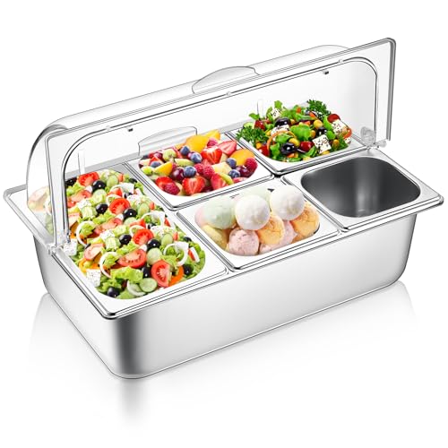 ZMJGLL Arbeitsplatte für die Lebensmittelausgabe und durchsichtige Rollabdeckung Edelstahl Lebensmittel-Serviertablett Buffet Gewürzspender Display Rack (5 Pan) von ZMJGLL