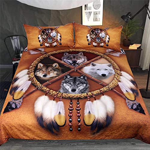 ZMK-720 Wölfe Bettwäsche Set Native American Indian Wolf Bettbezug Western Wild Animal Tribal 3D Bettbezug 3 Stücke @ 210 * 210 cm von ZMK-720