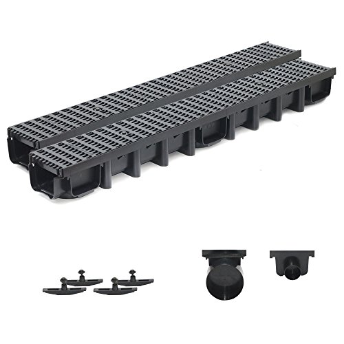 2m Entwässerungsrinne Belastungsklasse B125, 98mm komplett SET Stegrost Kunststoff (schwarz) von ZMMMAXPOL