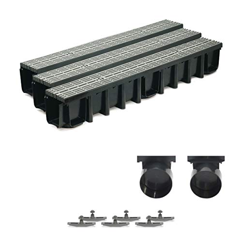 3m Entwässerungsrinne Terrassenrinne, System A15 148mm Stegrost Kunststoff, grau-line, komplett SET von ZMMMAXPOL