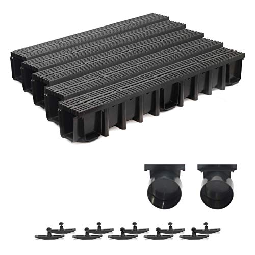 5m Entwässerungsrinne Terrassenrinne, System A15 148mm Stegrost Kunststoff, schwarz-line, komplett SET von ZMMMAXPOL