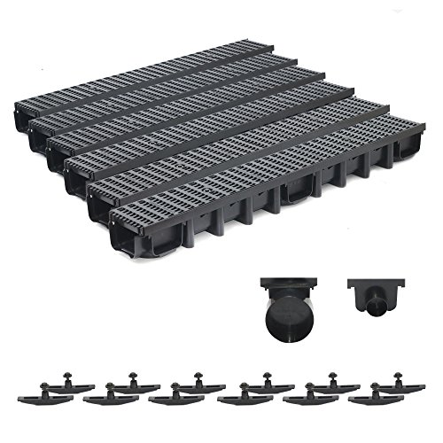 5m Entwässerungsrinne Belastungsklasse B125, 98mm komplett SET Stegrost Kunststoff (schwarz) von ZMMMAXPOL