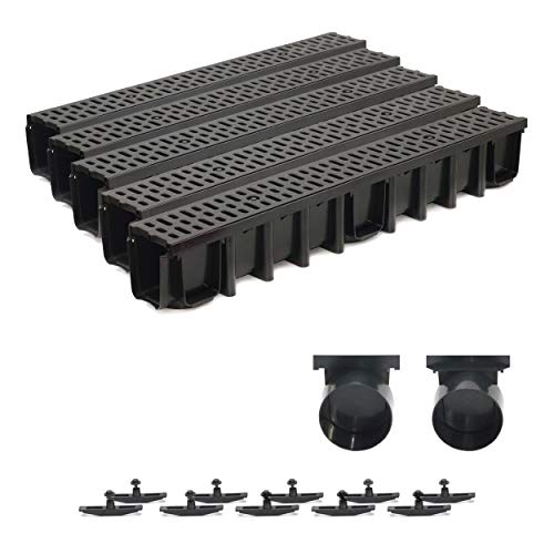 5m Entwässerungsrinne Terrassenrinne, System A15 148mm Stegrost Kunststoff, schwarz-classic, komplett SET von ZMMMAXPOL