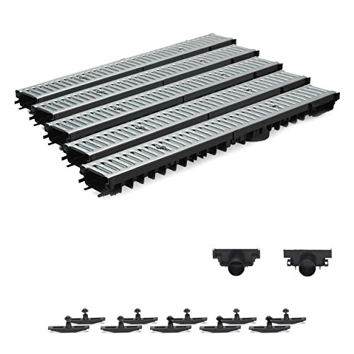 5m Entwässerungsrinne Terrassenrinne Stahlrost verzinkt komplett SET, System A15 70mm, NEUHEIT Rinne mit integrierter Dichtung Klick System von ZMMMAXPOL