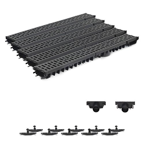 5m Entwässerungsrinne Terrassenrinne Stegrost Kunststoff komplett SET, System A15 70mm, Schwarz Classic, NEUHEIT Rinne mit integrierter Dichtung Klick System von ZMMMAXPOL