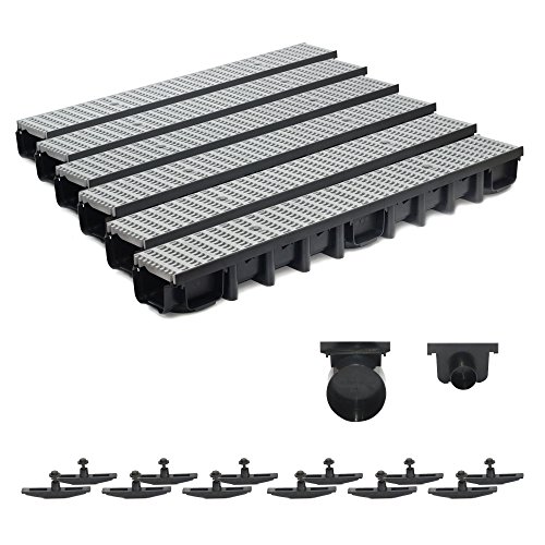 6m Entwässerungsrinne Belastungsklasse B125, 98mm komplett SET Stegrost Kunststoff (grau) von ZMMMAXPOL