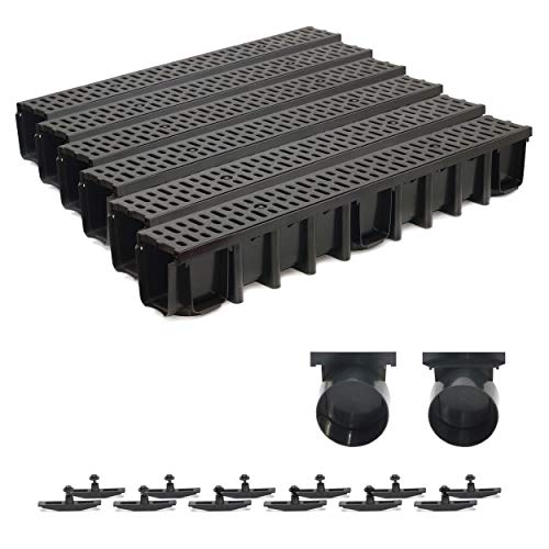 6m Entwässerungsrinne Terrassenrinne, System A15 148mm Stegrost Kunststoff, schwarz-classic, komplett SET von ZMMMAXPOL