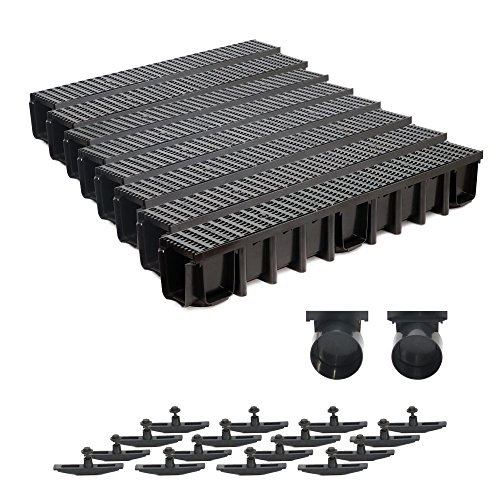 8m Entwässerungsrinne 148mm Einlaufkasten Stegrost Kunststoff inkl. Zubehör (schwarz) von ZMMMAXPOL