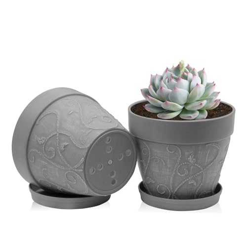 ZMTECH 17,5 cm Blumentopf mit untersetzer, 7 Zoll Kunststoff Terrakotta-Look Pflanzkübel mit Drainagelöchern, Rund Medium übertopf für Innen Draußen Kräuterhaus Pflanzen(Grau, 2er-Set) von ZMTECH