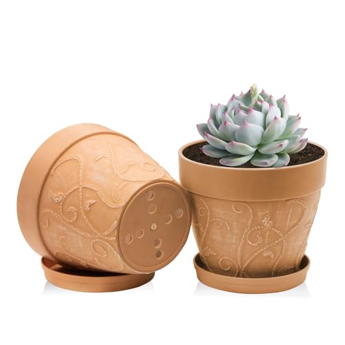ZMTECH 17,5 cm Blumentopf mit untersetzer, 7 Zoll Kunststoff Terrakotta-Look Pflanzkübel mit Drainagelöchern, Rund Medium übertopf für Innen Draußen Kräuterhaus Pflanzen (2er-Set) von ZMTECH