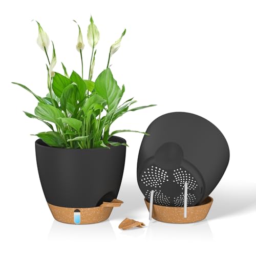 ZMTECH 20 cm Pflanztöpfe mit Bewässerungslippe Selbstbewässernde Blumentopf mit Abflusslöchern und Herausnehmbarem Untersetzer (Schwarz, 2er-Set) von ZMTECH