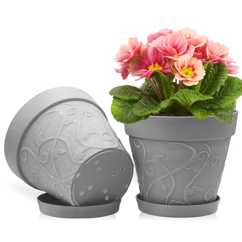 ZMTECH 25 cm Blumentopf mit untersetzer, 10 Zoll Kunststoff Terrakotta-Look Pflanzkübel mit Drainagelöchern, Rund Medium Groß übertopf für Innen Draußen Kräuterhaus Pflanzen(Grau, 2er-Set) von ZMTECH