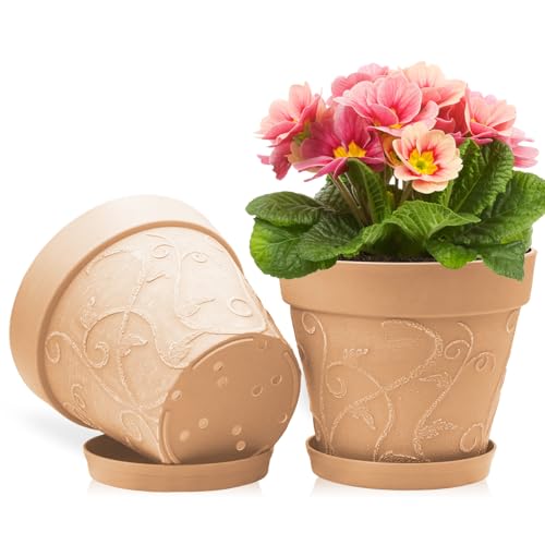 ZMTECH 25 cm Blumentopf mit untersetzer, 10 Zoll Kunststoff Terrakotta-Look Pflanzkübel mit Drainagelöchern, Rund Medium Groß übertopf für Innen Draußen Kräuterhaus Pflanzen (2er-Set) von ZMTECH