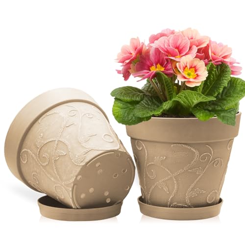 ZMTECH 25 cm Blumentopf mit untersetzer, 10 Zoll Kunststoff Terrakotta-Look Pflanzkübel mit Drainagelöchern, Rund Medium Groß übertopf für Innen Draußen Kräuterhaus Pflanzen (Hellbraun,2er-Set) von ZMTECH