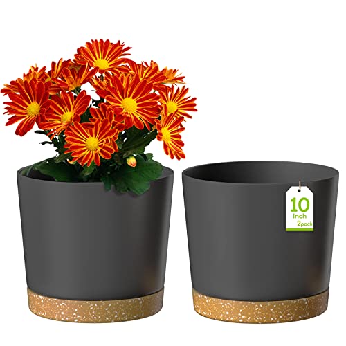 ZMTECH Blumentopf 25 cm Durchmesser übertöpfe für zimmerpflanzen, Kunststoff blumentöpfe mit Untersetzer und Abflusslöchern, Rund pflanztöpfe für Innen Außen Pflanzen(2er-Set, Dunkel Grau) von ZMTECH
