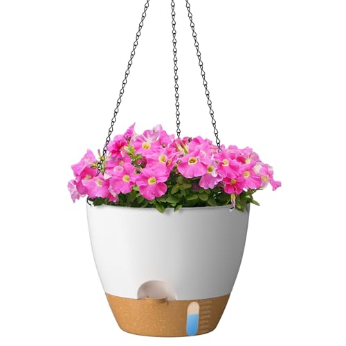 ZMTECH 30 cm Hängetopf für Pflanzen mit Bewässerungslippe Selbstbewässernder Pflanzentopf mit Abflusslöchern und abnehmbarem Untersetzer aus Kunststoff für Innen- und Außenpflanzen (2er-Set, Weiß) von ZMTECH