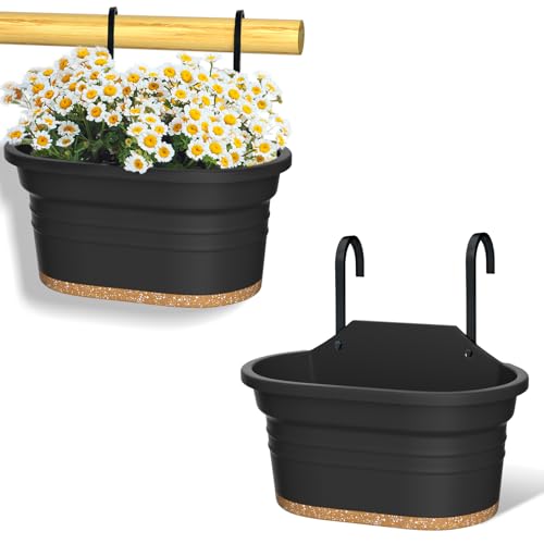 ZMTECH 30cm Hängende Pflanzgefäße Kit Kunststoff Wand Montiert Hängenden Blumentopf Rechteckig Blumentopf mit Entwässerungsbohrungen Untertasse für Balkon Garten Zaun mit 2 Haken (2er-Set, Dunkelgrau) von ZMTECH