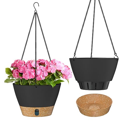 ZMTECH Hängetopf für Pflanzen, 20cm Blumentopf Ampel Hängend, Kunststoff Hänge Blumentopf mit Untersetzer für Außen Draußen Deko für Garten Balkon Wohnzimmer(2er-Set, Dunkelgrau) von ZMTECH