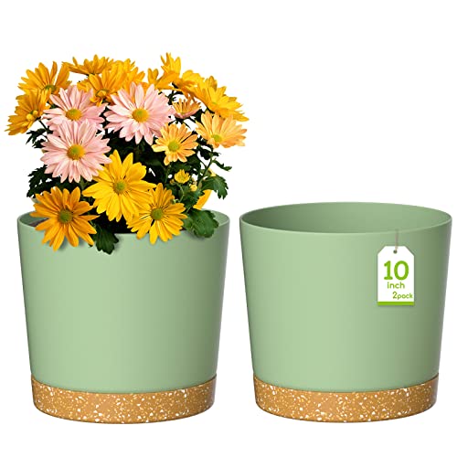 ZMTECH Blumentopf 25 cm Durchmesser übertöpfe für zimmerpflanzen, Kunststoff blumentöpfe mit Untersetzer und Abflusslöchern, Rund pflanztöpfe für Innen Außen Pflanzen(2er-Set, Grün) von ZMTECH