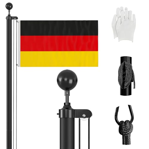 ZMTECH Fahnenmast 6m Stabil für den Außenbereich, 600 cm Aluminium Garten Flaggenmast mit 2 Deutschland Flagge, Seil und Klammern für Feste, Garten, Haus, Wohn- und Geschäftszwecke, Schwarz von ZMTECH
