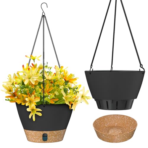 ZMTECH Hängetopf für Pflanzen, 25cm Blumentopf Ampel Hängend, Kunststoff Hänge Blumentopf mit Untersetzer für Außen Draußen Deko für Garten Balkon Wohnzimmer(2er-Set, Dunkelgrau) von ZMTECH