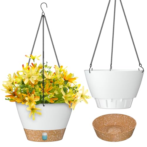 ZMTECH Hängetopf für Pflanzen, 25cm Blumentopf Ampel Hängend, Kunststoff Hänge Blumentopf mit Untersetzer für Außen Draußen Deko für Garten Balkon Wohnzimmer(2er-Set, Weiß) von ZMTECH