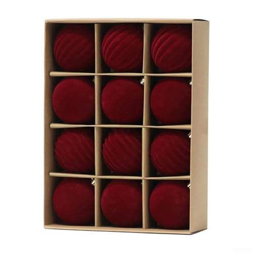 12-teiliges Weihnachtskugel-Set zum Selbermachen mit weicher beflockter Oberfläche, perfekt für Schichten auf Bäumen und für eine gemütliche Urlaubsatmosphäre (8 cm weinrot) von ZMdooreasy