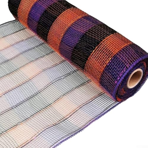 Dekoband Rolle mit gestreiftem Netz für DIY Weihnachten für Kränze, Girlanden, Schleifen und festliche Bastelprojekte (Orange-Schwarz-Lila) von ZMdooreasy