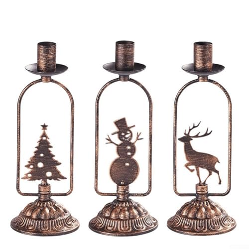 Holiday Kerzenhalter 3er Set mit Schneemann, Hirsch und Baum Designs aus Eisen mit Vintage Bronze Finish für saisonale Heimdekoration von ZMdooreasy