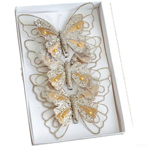 Set mit 3 künstlichen Glitzer-Schmetterlings-Ornament-Clips für Weihnachtsbaumschmuck und festliche Arrangements (Gold) von ZMdooreasy