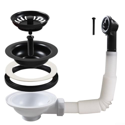 ZMdooreasy 114 mm schwarz beschichtetes 304 Edelstahl-Küchenspüle-Sieb mit Überlauf, Anti-Verstopfungs-Korb-Ablauf-Set, verstellbare Rohrinstallation von ZMdooreasy