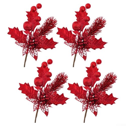 ZMdooreasy 4 Stück künstliche Weihnachtsbaumzweige mit ausgehöhlten Obstspikes, glitzernde Kunststoffzweige für Weihnachtsbaum, Kranz und Tafelaufsatz-Dekorationen (rot) von ZMdooreasy