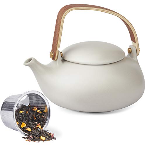 ZENS Teekanne mit Siebeinsatz, Holzgriff Matt Keramik Japanische Teeservice, 800ml Klein Grau Teekanne Geschenke für Losen Tee von ZENS