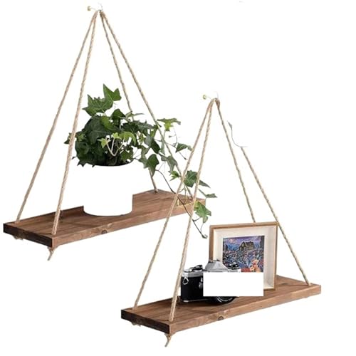 ZNJAMN 2 Stück Holzschaukel for Aufhängen, Hanfseil, Wandregal, montiert, schwimmende Wandregale, for Zuhause, Wohnzimmer, Pflanzentablett, Lagerung, Gartendekoration(Brown) von ZNJAMN