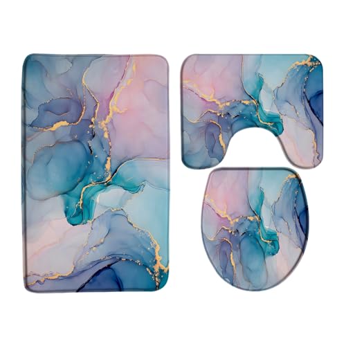 ZNLSU Badematten-Set, 3-teilig, Türkis, Blaugrün, Rosa, Marmor, modern, abstrakt, blaue Marmor-Textur, Goldstreifen, elegantes Luxus-Badezimmerteppich-Set, 40,6 x 61 cm, Badematte, WC-Sitzbezug ZNLSU Badematten-Set, 3-teilig, Türkis, Blaugrün, Rosa, Marmor, modern, abstrakt, blaue Marmor-Textur, Goldstreifen, elegantes Luxus-Badezimmerteppich-Set, 40,6 x 61 cm, Badematte, WC-Sitzbezug von ZNLSU