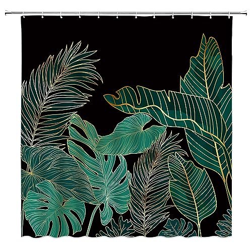 ZNLSU Tropische Blätter Duschvorhang Schwarz Grün Gold Palme Banane Monstera Blatt Pflanze Botanischer Dschungel Regenwald Natur Modern Ästhetik Badezimmer Dekor Stoff Badezimmer-Sets mit Haken von ZNLSU