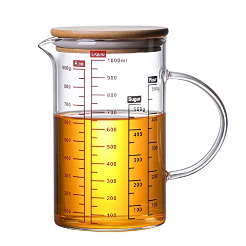 ZNZNANG Multifunktions-Messbecher aus Glas, V-förmiger Ausguss und drei Skalen, mit Griff und Bambusdeckel, Glasbecher für Küche oder Restaurant (1000 ml) von ZNZNANG