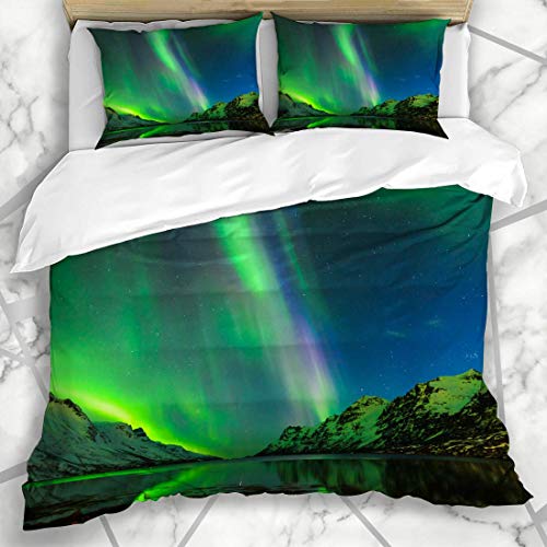 ZOANEN Bettwäsche - Bettwäscheset Atmosphäre Grün Astronomische Polarlichter Norwegen Ersfjord Tromso Magnetic Aurora Nature Astronomy Mikrofaser weich dreiteilig135*200 von ZOANEN